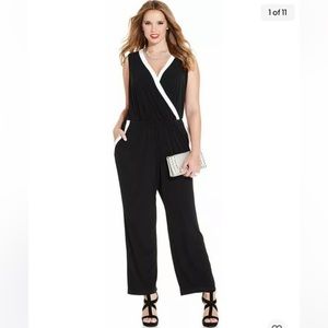 NY Collection Women's Plus Size 2X Black/ White Stretch Tuxedo Jumpsuit